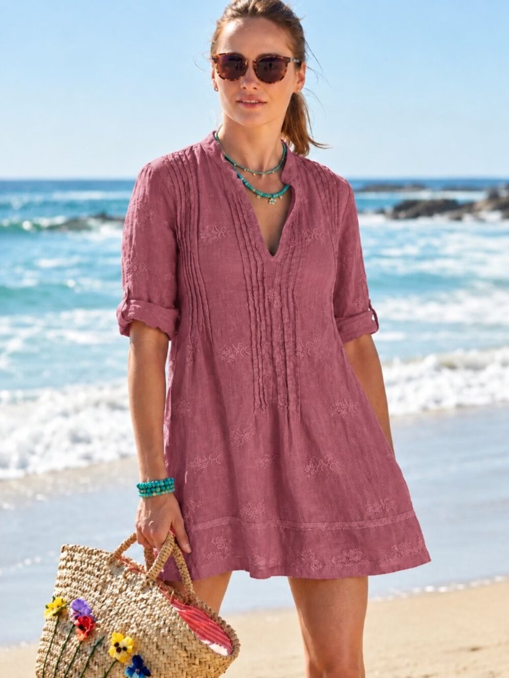 CP Shades Rose Pintuck Button-Front Women's Tunic Oversized S